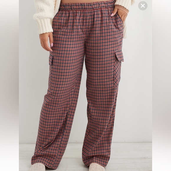 NEW Aerie XXL Flannel Cargo Skater Pajama Pants Red Blue Tan Plaid Pockets Soft - Picture 5 of 16